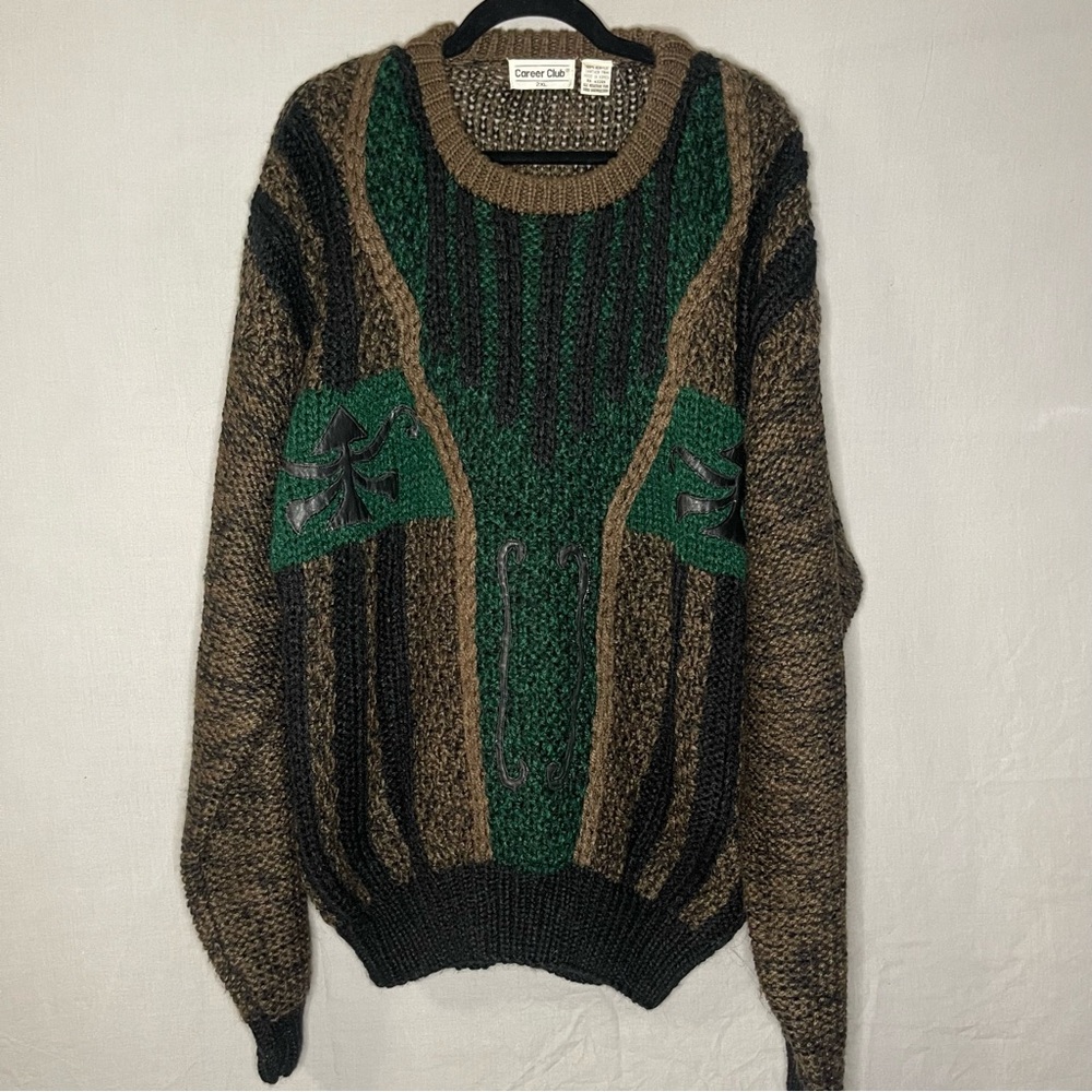 Vintage MENS 2XL Career Club Leather Applique Knit  Pullover Sweater Brown Green